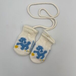 Vtg Knit Baby Mittens | Blue Dog Motif | Infant Size | 1950-60s‎ Era Mid-Century